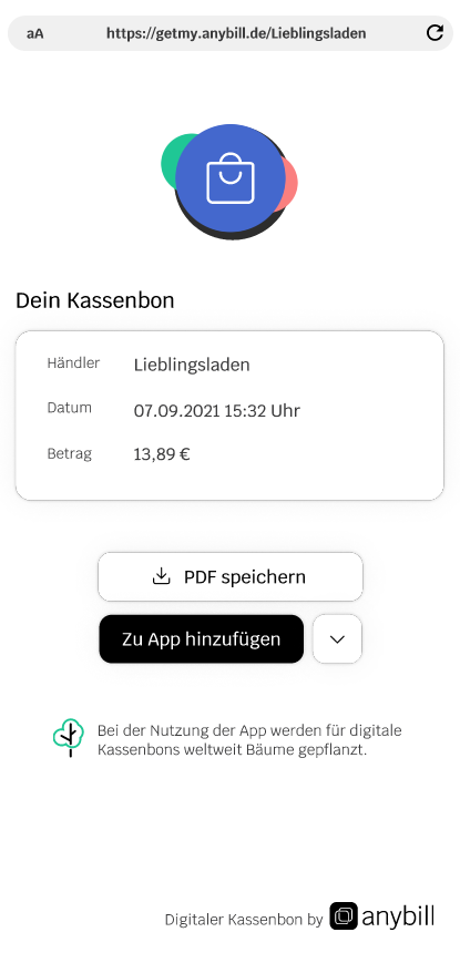 Video der Interaktion mit der "Zur App hinzufügen" Funktion auf der getmy.anybill.de Webseite auf einem Handydisplay